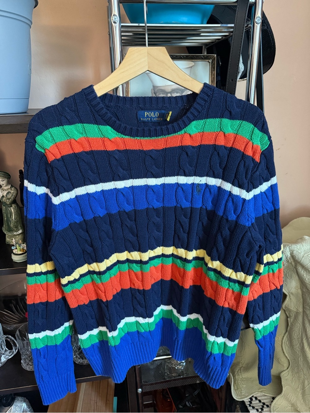 Polo by Ralph Lauren Navy Multistripe Cable-Knit Crewneck Sweater